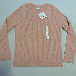 Croft & Barrow Women's Light Pink Classic V-Neck Cable Knit Sweater 100% Cotton